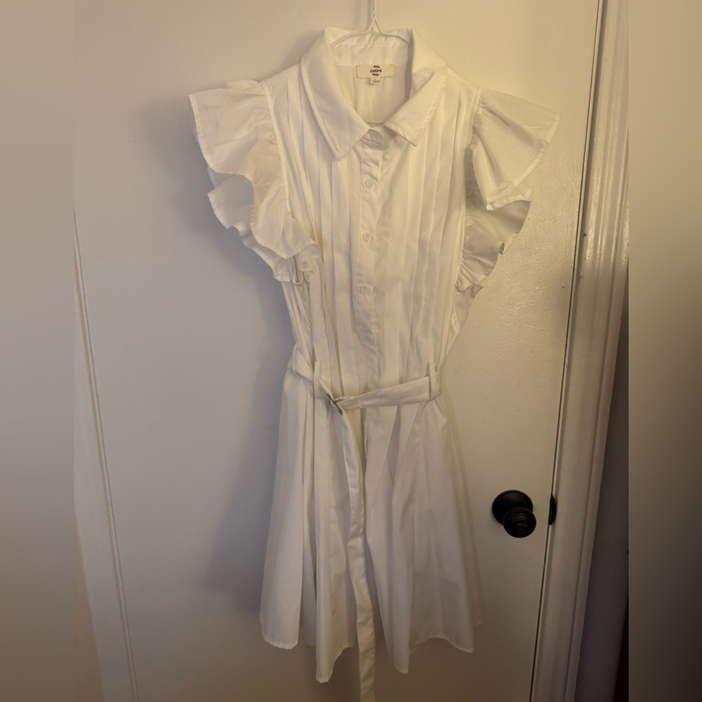 White Ruffle Sleeve Shirt Dress